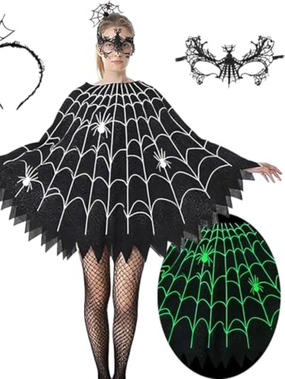 Spider Web Poncho for Women, Glow in the Dark Halloween Dress Cosplay Costume